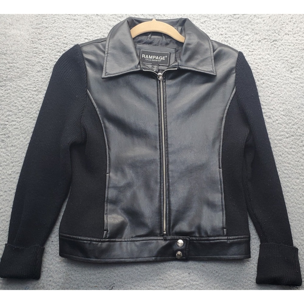 Rampage Faux Leather Jacket Womens Medium Black Knitted Long Sleeve Full Zip